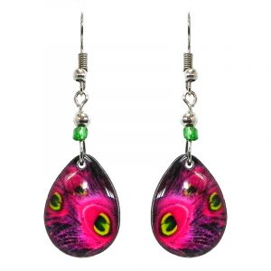 Teardrop-shaped peacock feather pattern graphic acrylic dangle earrings with beaded metal hooks in hot pink, dark pink, yellow, lime green, and black color combination.