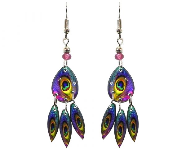 Teardrop-shaped peacock feather pattern graphic acrylic earrings with long matching dangles and beaded metal hooks in purple, turquoise, blue, mint green, orange, and yellow color combination.