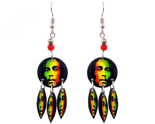 Round-shaped Bob face graphic acrylic earrings with long matching dangles and beaded metal hooks in Rasta colors.
