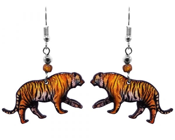 Tiger acrylic dangle earrings with beaded metal hooks in orange, golden and black color combination.