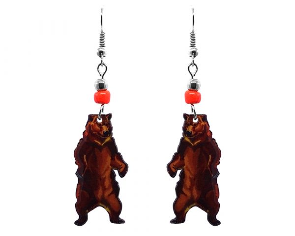 Grizzly bear acrylic dangle earrings with beaded metal hooks in brown color combination.