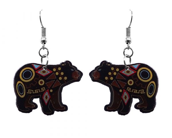 Tribal pattern black bear acrylic dangle earrings with beaded metal hooks.