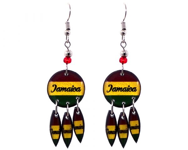 Round-shaped "Jamaica" graphic acrylic dangle earrings with long matching dangles and beaded metal hooks in striped Rasta colors.