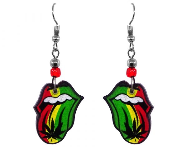Handmade Rolling Stones tongue acrylic dangle earrings with beaded metal hooks in Rasta colors.
