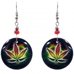 Round-shaped psychedelic cannabis pot leaf graphic acrylic dangle earrings with beaded metal hooks in Rasta colors.