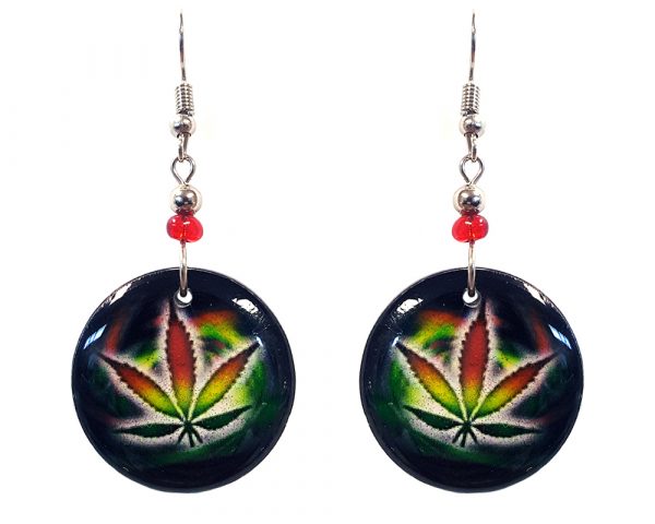 Round-shaped psychedelic cannabis pot leaf graphic acrylic dangle earrings with beaded metal hooks in Rasta colors.