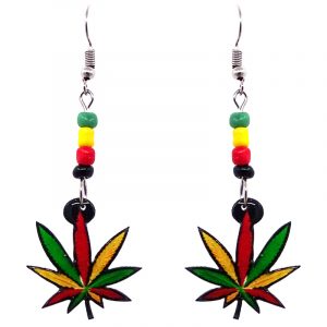 Rasta-colored cannabis pot leaf acrylic dangle earrings with beaded metal hooks in red, green, and golden yellow color combination.