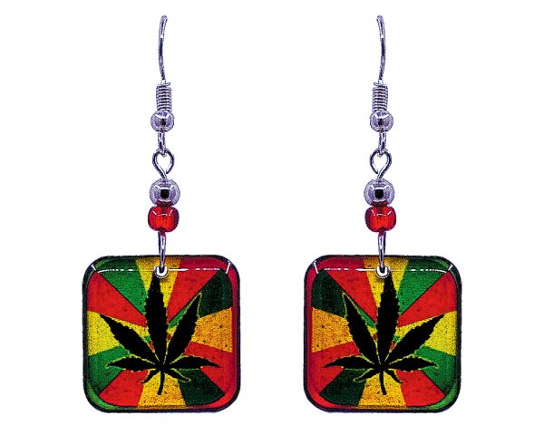 Square-shaped cannabis pot leaf graphic acrylic dangle earrings with beaded metal hooks in striped Rasta colors.