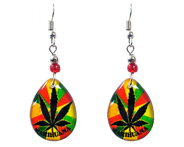 Teardrop-shaped "Marihuana" cannabis pot leaf graphic acrylic dangle earrings with beaded metal hooks in striped Rasta colors.