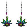 Multicolored cannabis pot leaf acrylic dangle earrings with beaded metal hooks in lime green, turquoise, blue, and purple color combination.