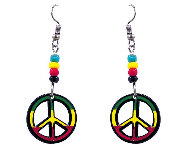 Peace sign symbol acrylic dangle earrings with beaded metal hooks in striped Rasta colors.