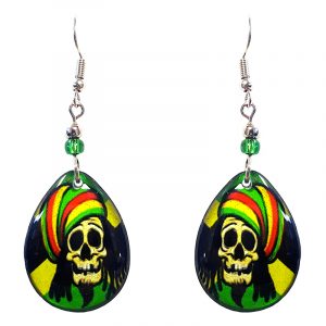 Teardrop-shaped Rasta dread skull graphic acrylic dangle earrings with beaded metal hooks in Jamaican flag colors.