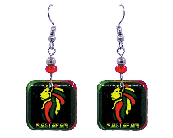 Square-shaped "Rastafari" Lion of Judah graphic acrylic dangle earrings with beaded metal hooks in Rasta colors.