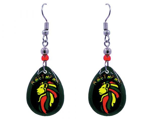 Teardrop-shaped "Rastafari" Lion of Judah graphic acrylic dangle earrings with beaded metal hooks in Rasta colors.