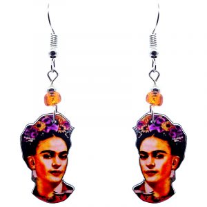 Handmade Frida inspired face earrings with acrylic, seed beads, and metal hooks in orange, peach, magenta pink, and black color combination.