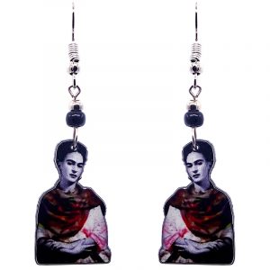 Handmade Frida inspired portrait earrings with acrylic, seed beads, and metal hooks in black, white, gray, and red color combination.