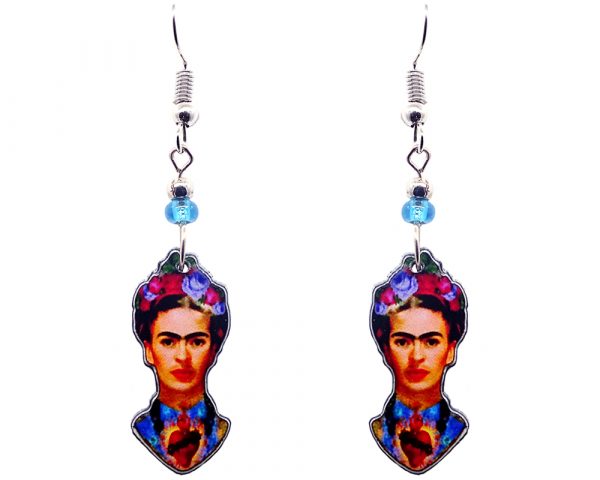 Handmade Frida inspired face earrings with acrylic, seed beads, and metal hooks in peach, blue, and multicolored color combination.