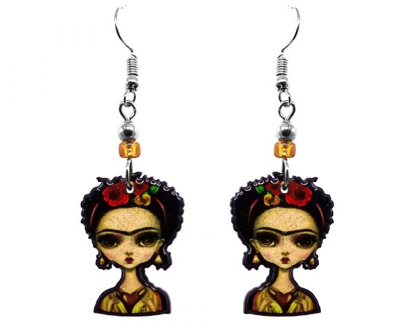 Handmade abstract Frida inspired earrings with acrylic, seed beads, and metal hooks in beige, red, gold, and black color combination.