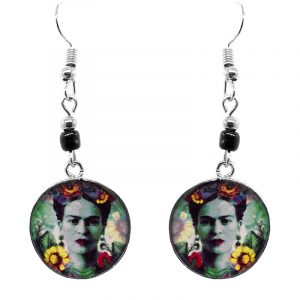 Handmade round silver floral Frida Kahlo earrings with acrylic, seed beads, and metal hooks in gray and multicolored color combination.