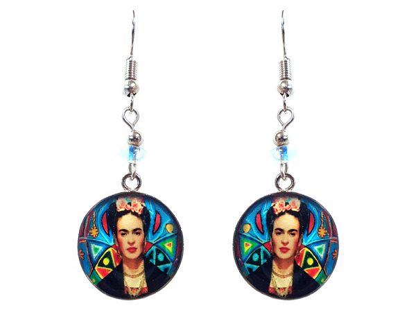 Handmade round silver geometric Frida inspired earrings with acrylic, seed beads, and metal hooks in turquoise, black, beige, and multicolored color combination.