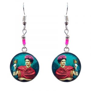 Handmade round silver Frida inspired earrings with acrylic, seed beads, and metal hooks in teal blue, hot pink, beige, and black color combination.