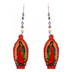 Virgin Mary acrylic dangle earrings with beaded metal hooks in orange, red, and green color combination.