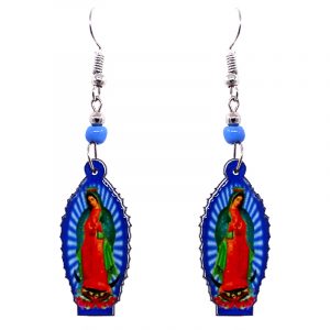 Virgin Mary acrylic dangle earrings with beaded metal hooks in blue, green, and red color combination.