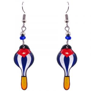 Cuban flag maracas acrylic dangle earrings with beaded metal hooks.