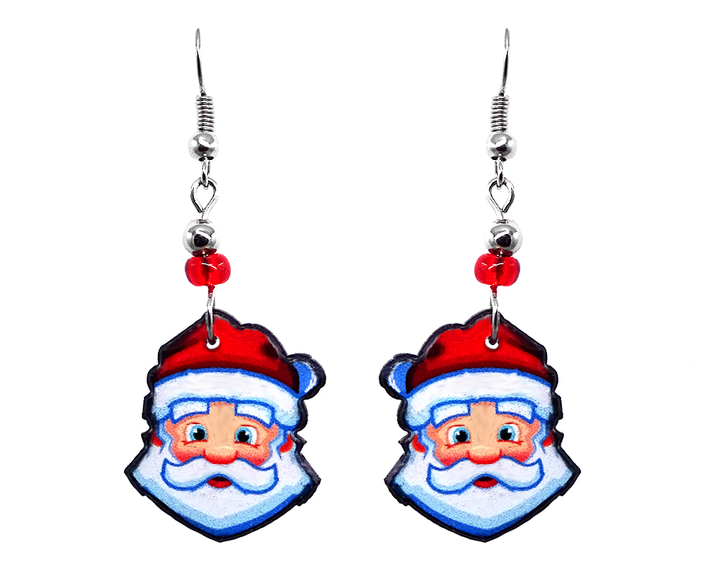 Christmas holiday themed Santa Claus face acrylic dangle earrings with beaded metal hooks in red, white, and peach color combination.