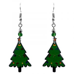 Christmas holiday themed tree acrylic dangle earrings with beaded metal hooks in green color.