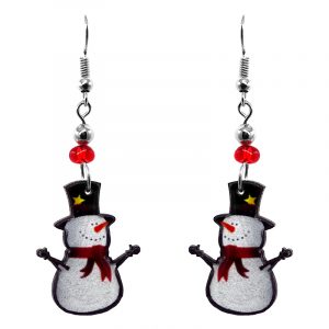 Christmas holiday themed snowman acrylic dangle earrings with beaded metal hooks in white, red, and black color combination.