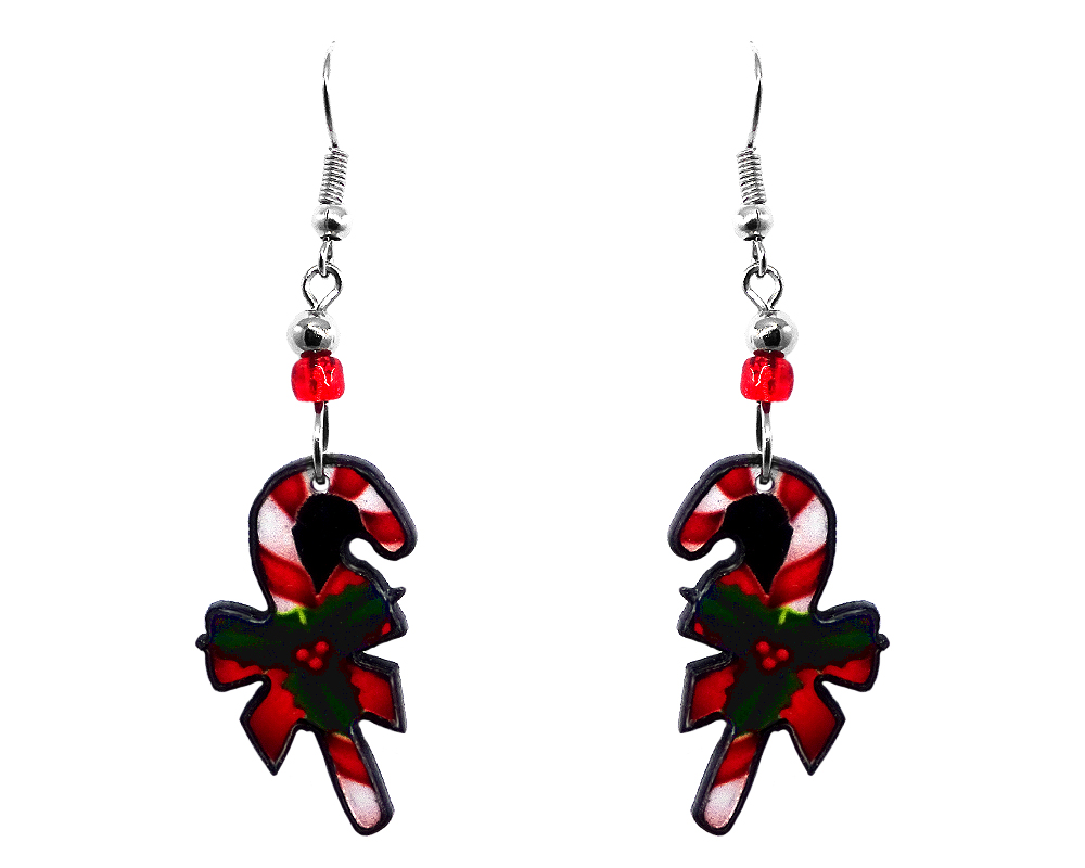Christmas holiday themed candy cane acrylic dangle earrings with beaded metal hooks in red, white, and green color combination.