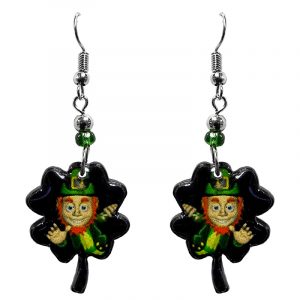 St. Patrick's Day holiday themed leprechaun clover acrylic dangle earrings with beaded metal hooks in black, green, yellow, and orange color combination.