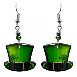St. Patrick's Day holiday themed leprechaun hat acrylic dangle earrings with beaded metal hooks in green and black color combination.