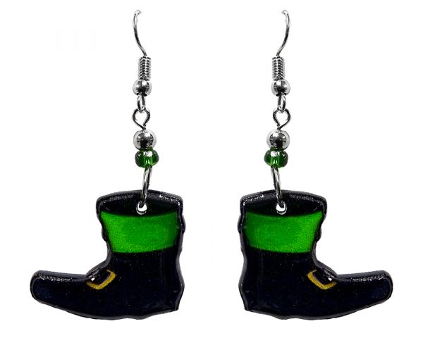St. Patrick's Day holiday themed leprechaun boots acrylic dangle earrings with beaded metal hooks in black and green color combination.