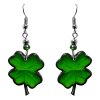 St. Patrick's Day holiday themed four leaf clover shamrock acrylic dangle earrings with beaded metal hooks in green color.
