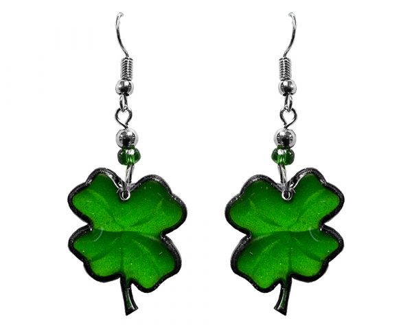St. Patrick's Day holiday themed four leaf clover shamrock acrylic dangle earrings with beaded metal hooks in green color.