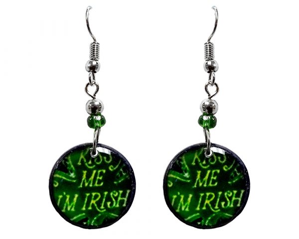 Round-shaped St. Patrick's Day holiday themed "Kiss Me I'm Irish" acrylic dangle earrings with beaded metal hooks in green color combination.