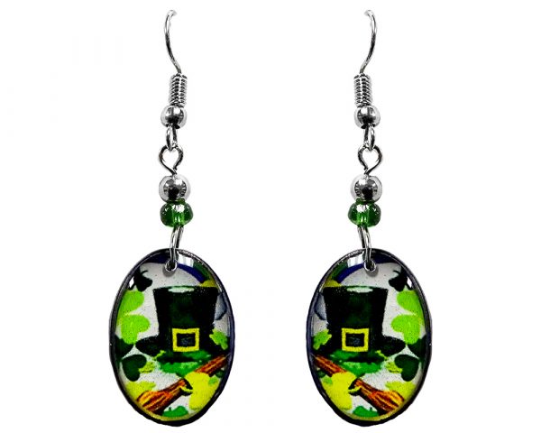 Oval-shaped St. Patrick's Day holiday themed acrylic dangle earrings with beaded metal hooks in white, black, lime green, and brown color combination.