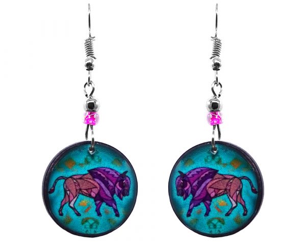Round-shaped geometric buffalo graphic acrylic dangle earrings with beaded metal hooks in teal, turquoise, and purple color combination.
