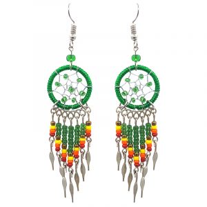 Handmade Native American inspired round beaded thread dream catcher earrings with long seed bead and alpaca silver dangles in mint green, gold, red, orange, and yellow color combination.