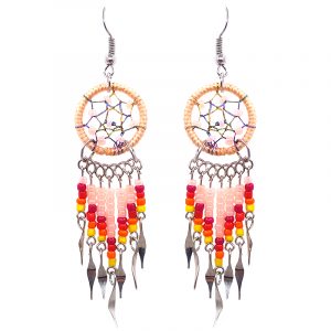 Handmade Native American inspired round beaded thread dream catcher earrings with long seed bead and alpaca silver dangles in peach, red, orange, and yellow color combination.