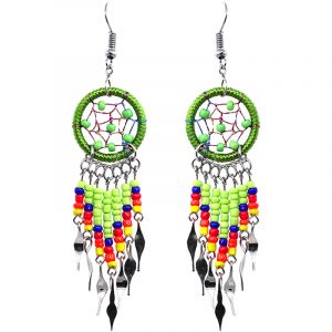 Handmade Native American inspired round beaded thread dream catcher earrings with long seed bead and alpaca silver dangles in lime green, blue, red, orange, and yellow color combination.