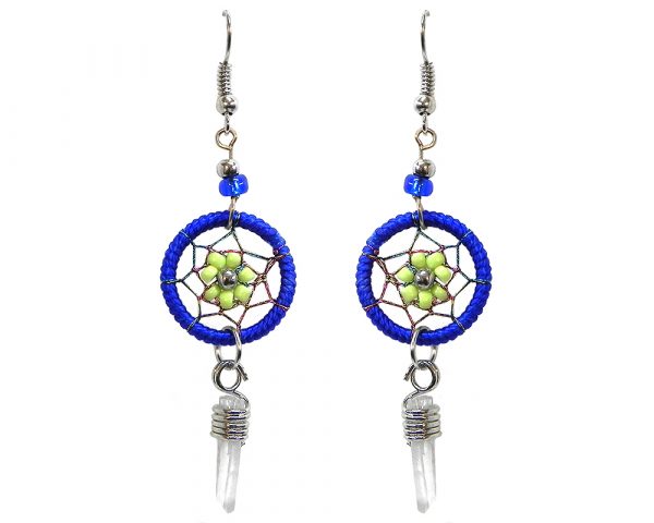 Handmade round beaded thread dream catcher earrings with daisy flower design and clear quartz crystal point dangle in blue and lime green color combination.