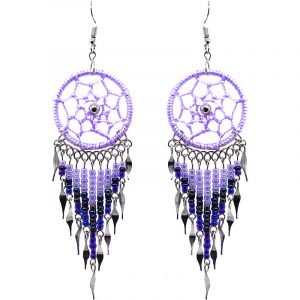 Handmade large dream catcher dangle earrings with silk thread, seed beads, and alpaca silver in lavender, purple, and iridescent color combination.