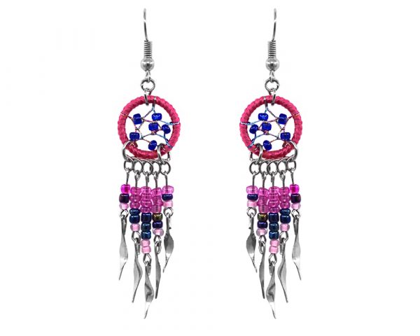 Handmade mini round beaded thread dream catcher earrings with long seed bead and alpaca silver dangles in hot pink, navy blue, and pink color combination.