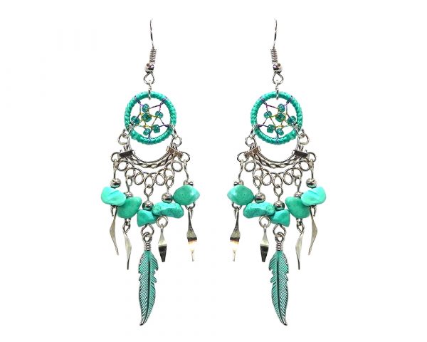 Handmade mini round beaded thread dream catcher earrings with chip stones, colored metal feather charm, and alpaca silver dangles in turquoise mint and teal green color combination.