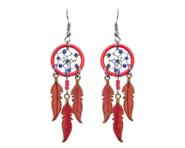 Handmade round beaded thread dream catcher earrings with three long colored metal feather charm dangles in red, indigo, and gold color combination.