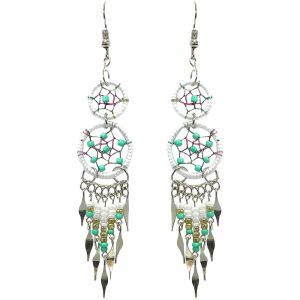 Handmade double round beaded thread dream catcher earrings with long seed bead and alpaca silver metal dangles in white, mint green, and gold color combination.