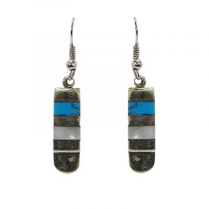 Handmade rectangle-shaped alpaca silver metal and gemstone cabochon striped dangle earrings in turquoise blue and iridescent white color combination.